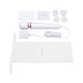 Le Wand Powerful Petite Plug-in massager with 8-foot cord, multiple plug adapters, user guides, and storage pouch on white background.