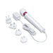 Le Wand Powerful Petite Plug-in massager with white body, pink accent, 8-foot cord, and multiple international plug adapters.