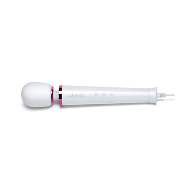 Le Wand Powerful Petite Plug-In massager in white with flexible neck and three-button control, featuring an 8-foot power cord.