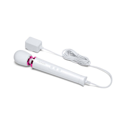 Le Wand Powerful Petite Plug-in massager in white with flexible neck, control buttons, and long attached power cord.