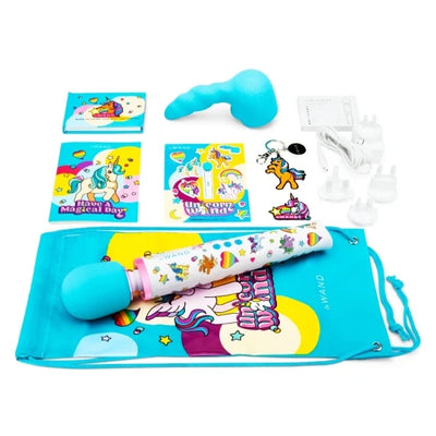 Le Wand Unicorn Wand 8-piece set with unicorn-themed wand, silicone attachment, stickers, keychain, pouch, and charging accessories.