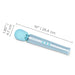 Light blue Le Wand Petite massager with dimensions 10 inches long and 1.85 inches wide shown on white background.