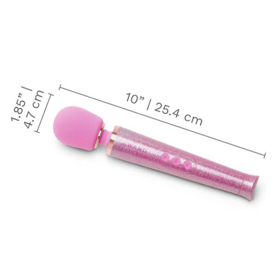 Pink glittery Le Wand Petite massager wand with measurements showing 10 inches length and 1.85 inches head diameter.