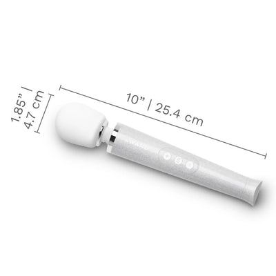 Le Wand Petite massager wand in silver with white head, shown with dimensions 10 inches long and 1.85 inches head diameter.