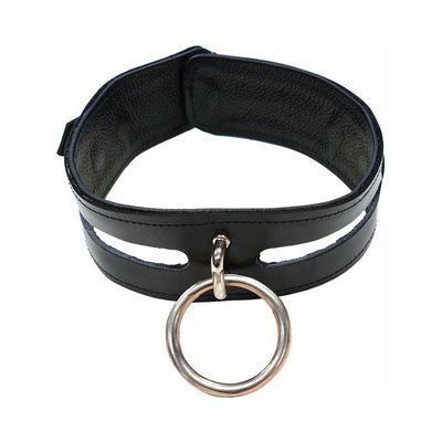 Black leather collar with a large silver O-ring and adjustable buckle closure, featuring a padded interior for comfort.