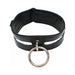 Black leather collar with a large silver O-ring and adjustable buckle closure, featuring a padded interior for comfort.