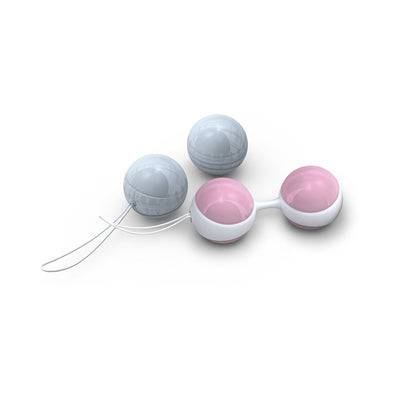 LELO Beads Mini Kegel exerciser with two connected pink and white silicone spheres and two gray inner balls on white background.