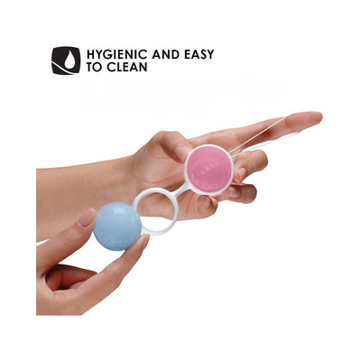 Hands holding LELO Beads Mini in pink and blue with text highlighting hygienic and easy to clean design.