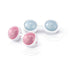 LELO Beads Mini set with two pairs of smooth, glossy Kegel exercise balls in pink and blue with white connectors and retrieval cords.