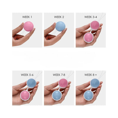 Hand holding LELO Beads Mini in pink and blue, showing progression from single to double beads for weekly Kegel exercise stages.