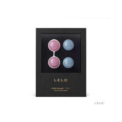 LELO Beads Mini Kegel exerciser set in pink and blue with sleek black packaging and gold lettering.