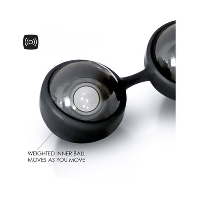 Close-up of glossy black LELO Beads Noir showing weighted inner ball designed to move with you for enhanced sensation.