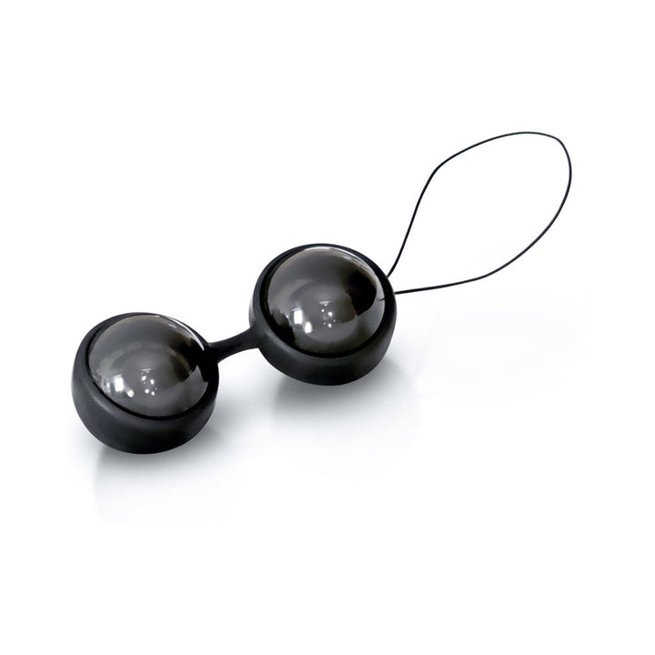 LELO Beads Noir set of two glossy black Ben Wa style pleasure beads connected by a silicone harness loop.