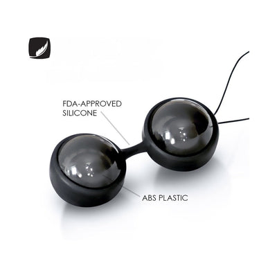 LELO Beads Noir showing two black spheres connected by silicone with ABS plastic inner beads on white background.