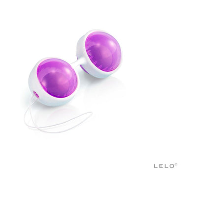 Lelo Beads Plus in pink and blue with smooth rounded design and connecting string on white background