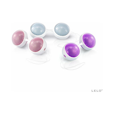 Set of three pairs of LELO Beads Plus in pink, blue, and purple with white connecting harnesses on a white background.