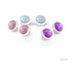 Set of three pairs of LELO Beads Plus in pink, blue, and purple with white connecting harnesses on a white background.
