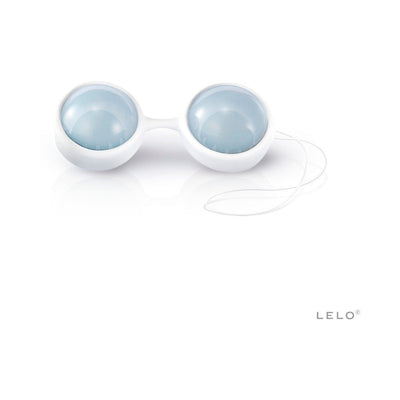 Lelo Beads Plus in white with soft blue interchangeable weighted beads on a white background