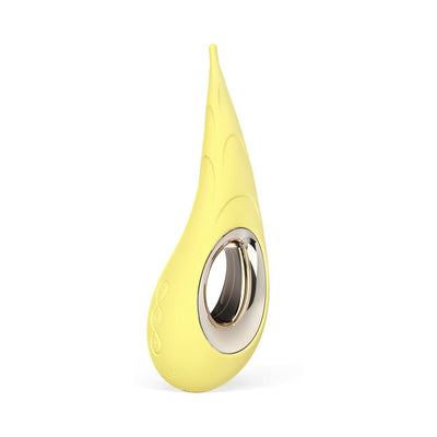Yellow Lelo Dot Cruise clitoral vibrator with ergonomic curved design and metallic accent ring on white background.