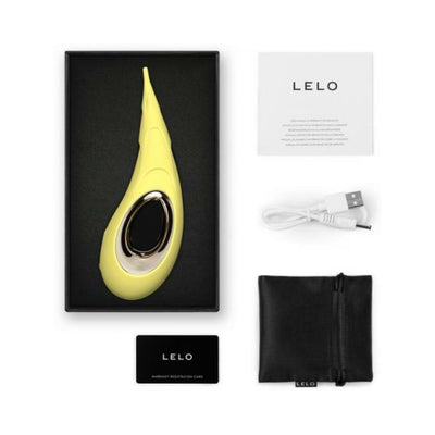 Lelo Dot Cruise yellow vibrator in black box with USB charging cable, instruction manual, warranty card, and black storage pouch.