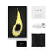 Lelo Dot Cruise yellow vibrator in black box with USB charging cable, instruction manual, warranty card, and black storage pouch.