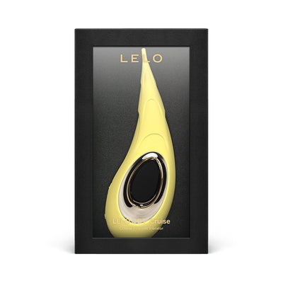 Lelo Dot Cruise clitoral pinpoint vibrator in yellow with gold and black accents displayed in black gift box packaging.