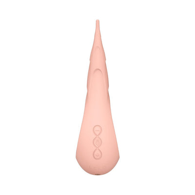 Lelo Dot Cruise clitoral vibrator in soft pink with ergonomic shape and three control buttons on smooth silicone surface.
