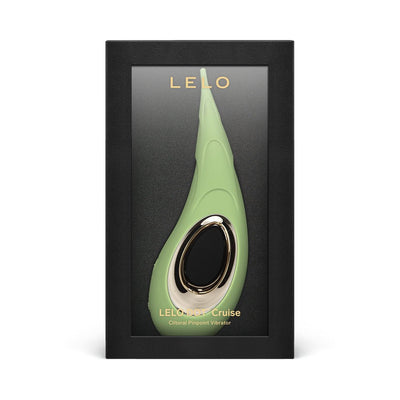 LELO Dot Cruise clitoral pinpoint vibrator in green with gold accents displayed in black packaging box.