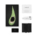 Lelo Dot Cruise green vibrator in black box with USB charger, satin pouch, warranty card, and user manual on white background.