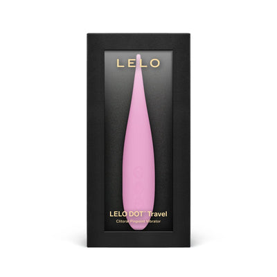 Pink LELO Dot Travel clitoral stimulator in black branded packaging with gold lettering.