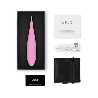 Pink Lelo Dot Travel clitoral stimulator with USB charging cable, user manual, warranty card, and black storage pouch in packaging box.