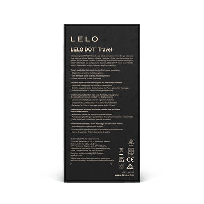 Back view of LELO DOT Travel packaging showing product details and features in multiple languages on a black box.