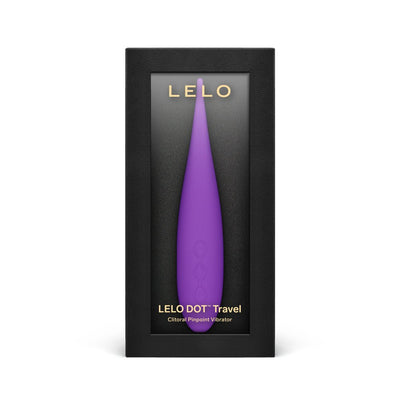 Purple LELO Dot Travel clitoral pinpoint vibrator in sleek black packaging with gold lettering.