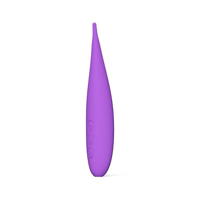 Purple compact clitoral stimulator with a slim, tapered silicone tip and three control buttons on the side.