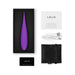 Purple LELO Dot Travel clitoral stimulator with USB charging cable, user manual, warranty card, and black storage pouch in packaging.
