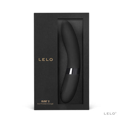 Black LELO Elise 2 dual-powered massager in sleek packaging with gold lettering and a smooth silicone finish.