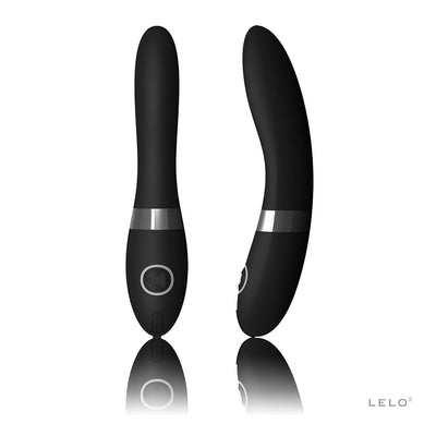Black LELO Elise 2 vibrator shown from front and side with sleek silicone finish and control dial.
