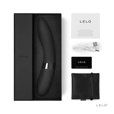 Lelo Elise 2 black vibrator in sleek box with USB charger, user manual, warranty card, and black storage pouch.