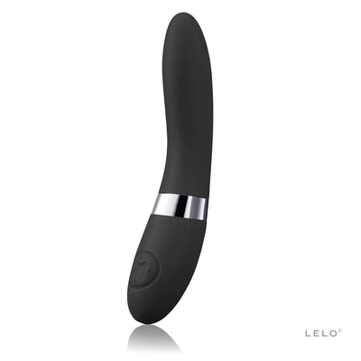 Sleek black LELO Elise 2 vibrator with curved design, silicone finish, and control buttons on the handle.