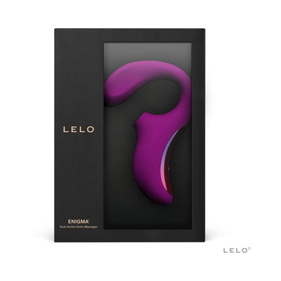 Lelo Enigma dual-action sonic massager in deep rose displayed in sleek black packaging with transparent window.