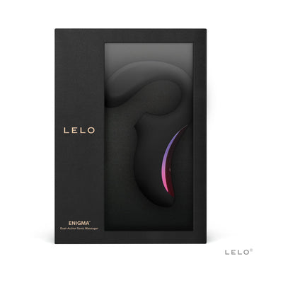 Lelo Enigma dual-action sonic massager in black with rose detail, displayed in sleek black packaging with gold lettering.