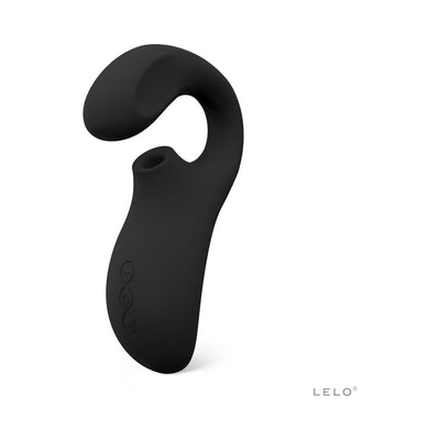 Black Lelo Enigma dual-action sonic massager with curved design and control buttons on the handle.