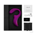 Purple Lelo Enigma Cruise dual stimulator with USB charging cable, user manual, warranty card, and black storage pouch in black box packaging.