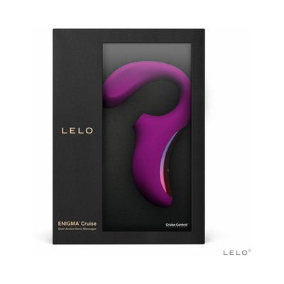 Purple Lelo Enigma Cruise dual-action sonic massager in black luxury packaging with gold lettering.