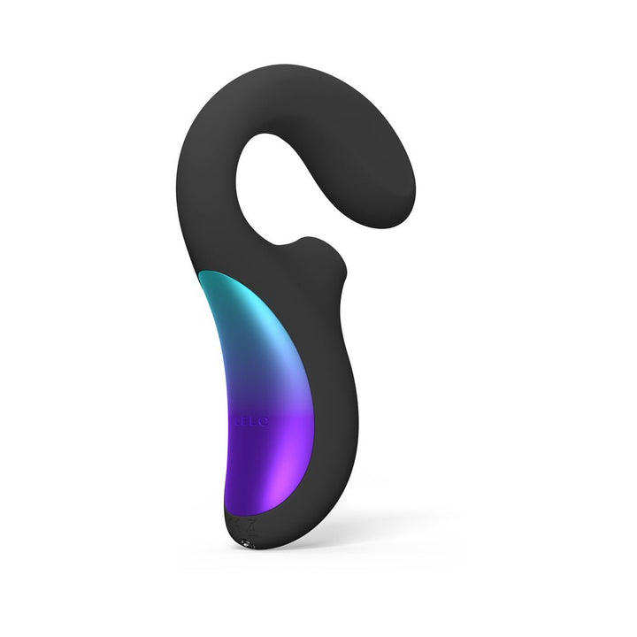 Black ergonomic Lelo Enigma Wave dual stimulator with curved design and iridescent blue-purple handle panel.