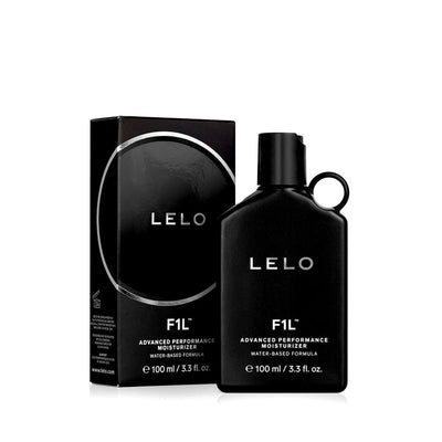 LELO F1L water-based advanced performance moisturizer in sleek black 3.3 oz bottle with matching box packaging.