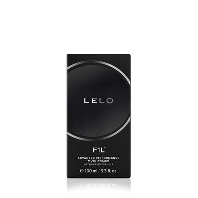 Black box packaging of Lelo F1L advanced performance water-based moisturizer 3.3 oz.