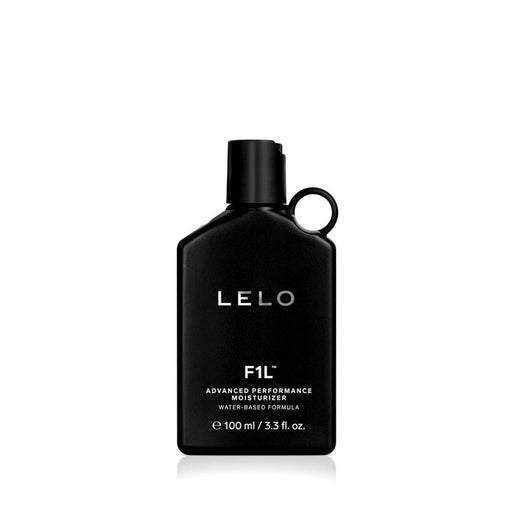 LELO F1l advanced performance water-based moisturizer in sleek black 3.3 oz bottle with press-top cap.
