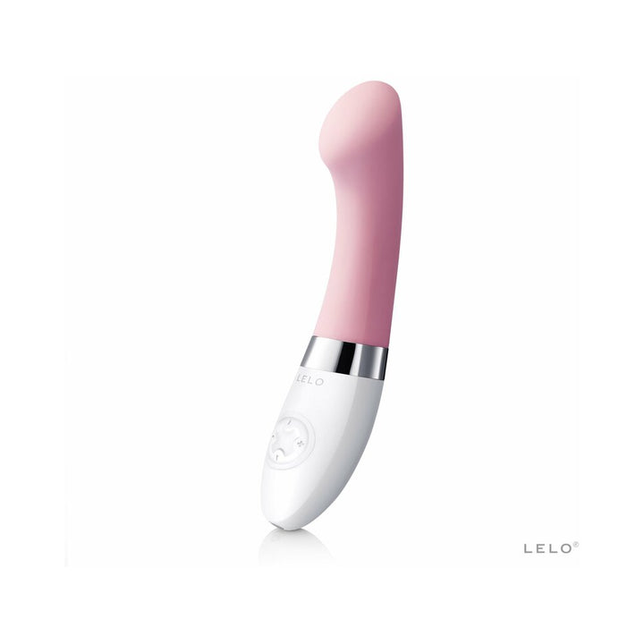 Lelo Gigi 2 G-spot massager in pink and white with curved tip and control buttons on handle.