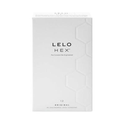 LELO HEX Original 12-pack condom box with minimalist white design and hexagonal pattern detailing.